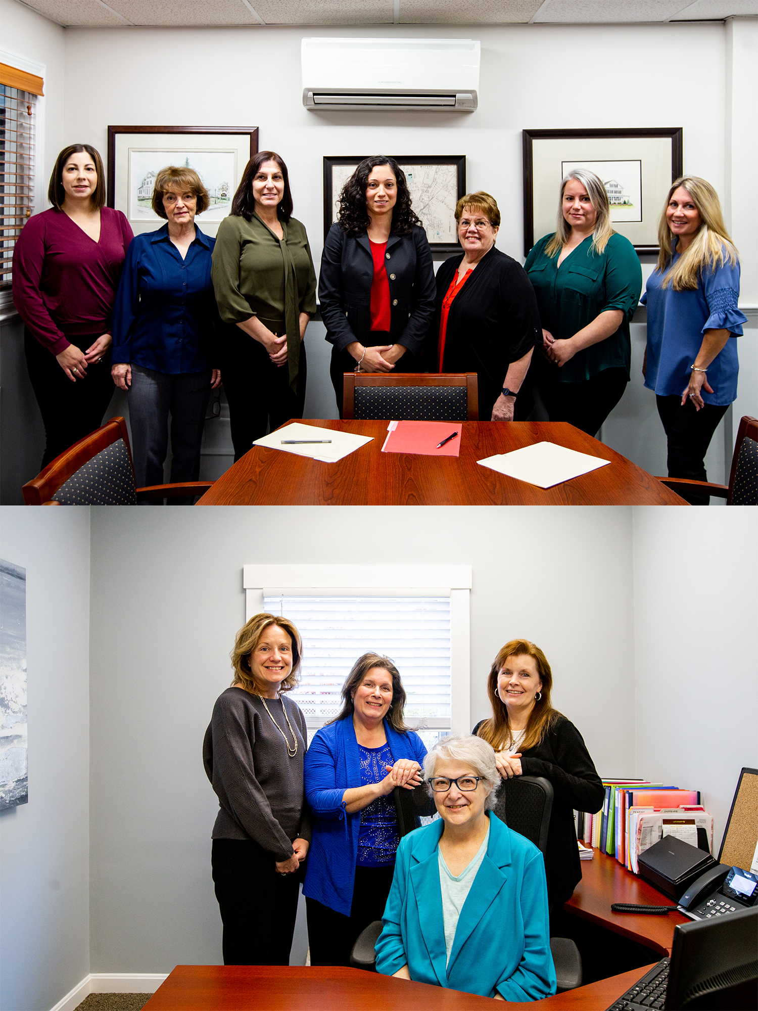 Top has pictures of women who are CSRS at Bright Insurance standing around a table. Bottom of picture has woman who are CSRs at Jensen Sheehan insurance standing around a desk